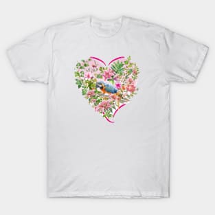 Pink Floral Heart with Blue Parrot T-Shirt